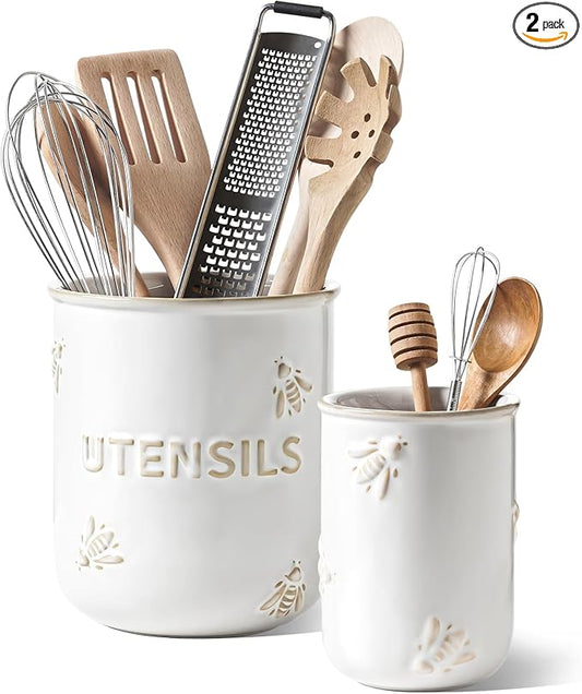 LE TAUCI Kitchen Utensil Holder Set of 2 - 6.9"+5.3" Large Ceramic Cooking Utensil Crock & Organizer for Spatula, Spoon, Whisk - Farmhouse Countertop Storage, Arctic White, Embossed, Bee
