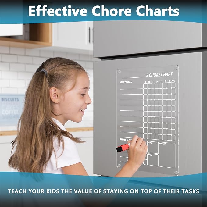 Neatsure Acrylic Magnetic Chore Chart for Fridge, Clear Dry Erase Chores Chart for Refrigerator, Responsibility Reward Planning Board for Teens Family, w/ 8 Colors Markers, 12"x9"