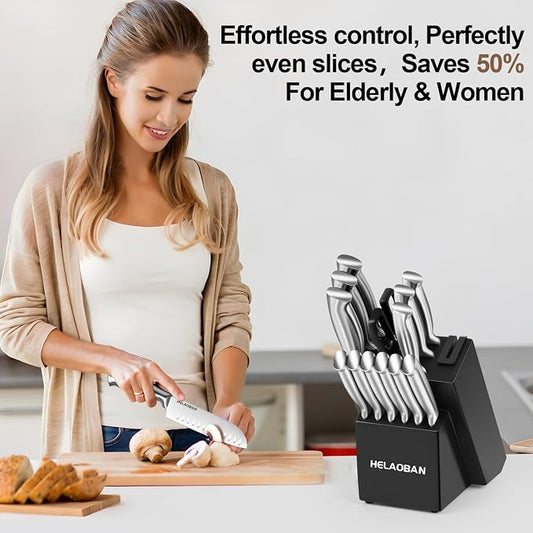 Kitchen Knife Set with Block and Sharpener, 14-Piece | High Carbon Stainless Steel, One-Piece Ergonomic Design, Wooden Black