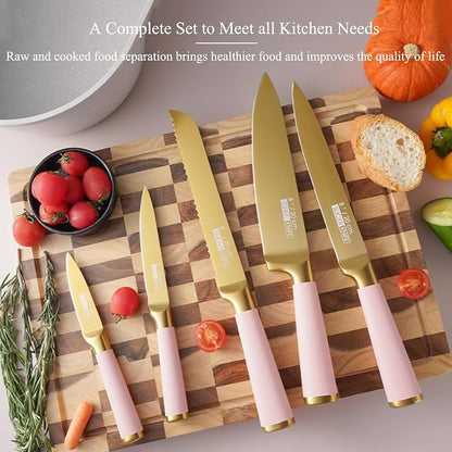 Aesthetic Gold Pink Kitchen Knife Set,7Pcs Gold Titanium Coated Dishwasher Safe Knife Block Sets,Wooden Block with Built-In Sharpener,Luxury Gift for Women Modern Kitchen