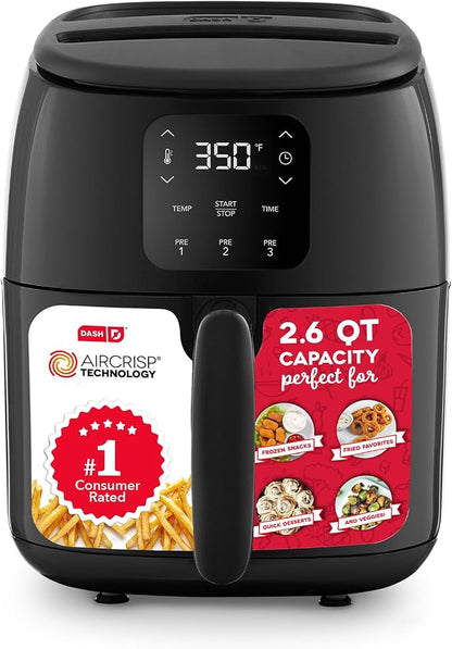 Dash Tasti-Crisp™ Digital Air Fryer – 2.6 Quart Small Compact Mini Air Fryer for French Fries, Nuggets & More, 1-2 People, Auto Shut Off, Adjustable Temp, Dishwasher Safe Parts - Black