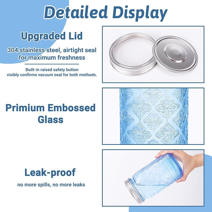 Blue Mason Jars 32 oz with Stainless Steel Leakproof Lids, 2 Pack Wide Mouth Colored Glass Jars for DIY Crafts, Wedding Centerpieces, Home Decor, Flower Vase, Bathroom Storage