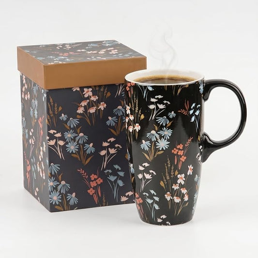 Topadorn 17oz Ceramic Travel Mug with Lid and Handle, Black Floral Coffee Cup, Tall Porcelain Mug, Microwave & Dishwasher Safe, Gift Box Included