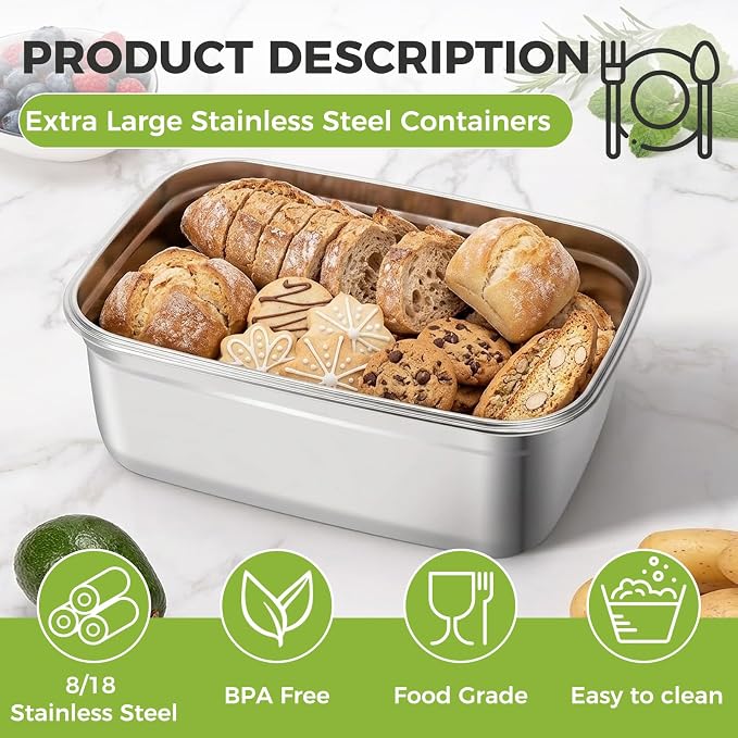 Stainless Steel Food Storage Container – 7500 ML / 254 oz / 32 Cup Large Airtight Meal Prep Container for Roasting Turkey, Chicken, Casserole, Fruits & Parties