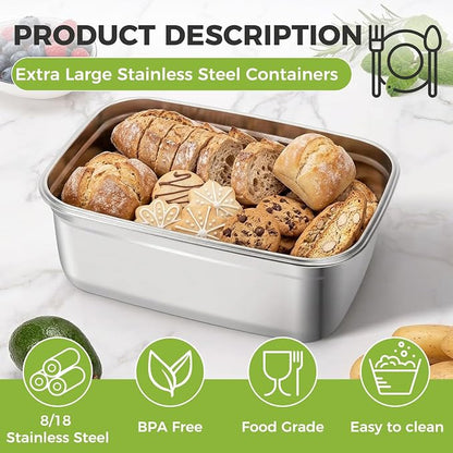 Stainless Steel Food Storage Container – 7500 ML / 254 oz / 32 Cup Large Airtight Meal Prep Container for Roasting Turkey, Chicken, Casserole, Fruits & Parties