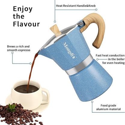 Mongdio Stovetop Espresso Maker Moka Pot, Cuban Coffee Maker Stove top coffee maker Moka Italian Espresso Greca Coffee Maker Brewer Percolator, 9 Espresso Cups, 15 oz - Blue