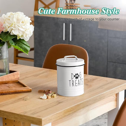 OUTNILI Small Dog Treat Container Airtight - 6" Tall X 4.9" Round White Dog Treat Jar for Kitchen Counter - Rustic Treat Storage Canister for Dogs, Cats, Small Animals - Gifts for Pet Owners