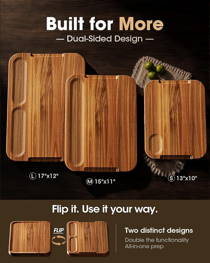 Starkbear Acacia Wood Cutting Board 15x11 Inch, Core-Cut Wooden Chopping Block for Kitchen with Sloped Juice Groove, Sleek Reversible Charcuterie Cheese Serving Tra