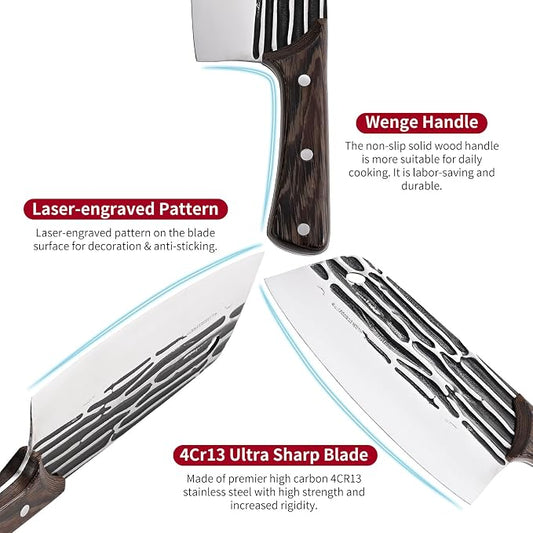 Forged Meat Cleaver Kitchen Butcher Knife for Meat Cutting and Slicing, Serbian Chef Knife with Wood Handle and Gift Packaging