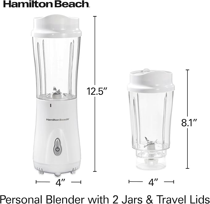 Hamilton Beach Portable Blender for Shakes and Smoothies,14 Oz BPA Free Travel Cup & Lid,Durable Stainless Steel Blades,Personal Smoothie Blender,2 Jars - White (51102V),(Pack of 2)