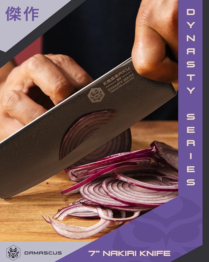 KESSAKU Nakiri Knife - 7 inch - Damascus Dynasty Series - Asian Vegetable Cleaver - Razor Sharp Kitchen Knife - Forged 67-Layer Japanese AUS-10V Stainless Steel - G10 Garolite Handle with Blade Guard