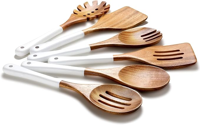 Wooden Spoons For Cooking, 6 Pieces Natural Acacia Wooden Cooking Utensils or Non-Stick Wood Kitchen Utensil Set for Kitchen Essentials, Wooden Cooking Utensils Set with Hanging Hole, White