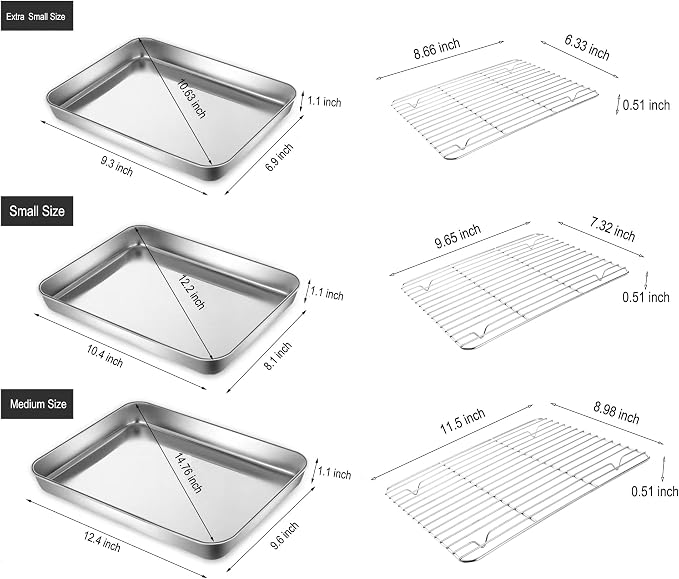 Quarter Deep Cookie Baking Sheet Pans with Cooling Wire Rest Rack Sets Pure 18/8 (304) Stainless Steel Small Serving Trays 12.4 x9.6 x1.1Inch Dishwasher Safe 2Pans & 2Racks