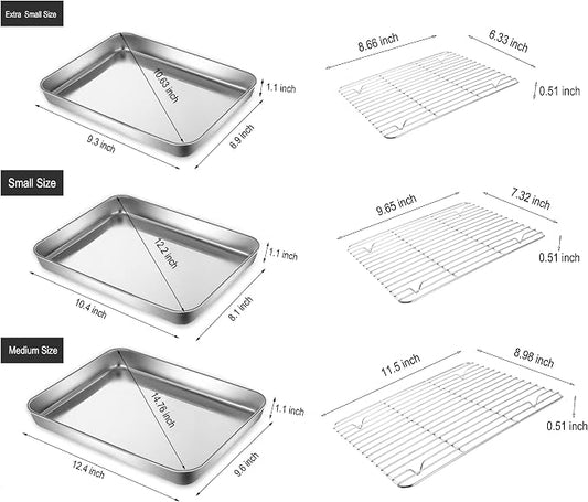 Extra Small Serving Trays with Cooling Wire Racks Set Stainless Steel 304 Tiny Baking Sheet Pans 9.3 x 6.9 Inch Dishwasher Safe for 1~2 Person 2 Pans & 2 Racks
