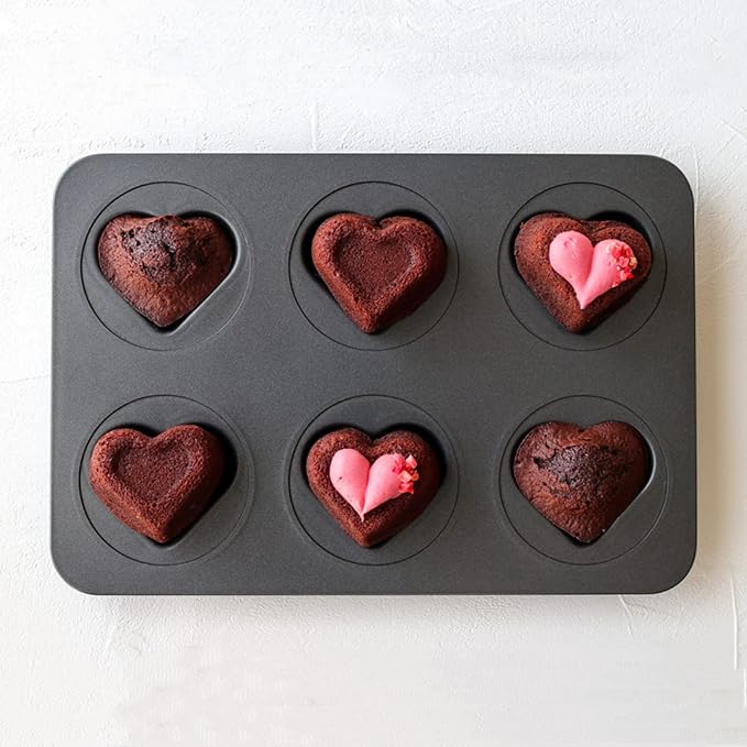 6 Cup Valentines Heart Shape Muffin Cupcake Pan Nonstick Cheesecake Brownie Cookie Cake Baking Tin Tray Mold, for Christmas Birthday Anniversary Wedding