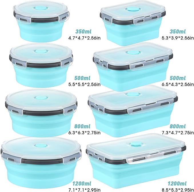 Mimorou 8 Pcs Collapsible Food Storage Containers Foldable Silicone Lunch Containers with Lids 4 Silicone Rectangle Collapsible Bowls and 4 Round Food Bowls Microwave Freezer Dishwasher Safe (Blue)