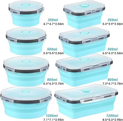 Mimorou 8 Pcs Collapsible Food Storage Containers Foldable Silicone Lunch Containers with Lids 4 Silicone Rectangle Collapsible Bowls and 4 Round Food Bowls Microwave Freezer Dishwasher Safe (Blue)