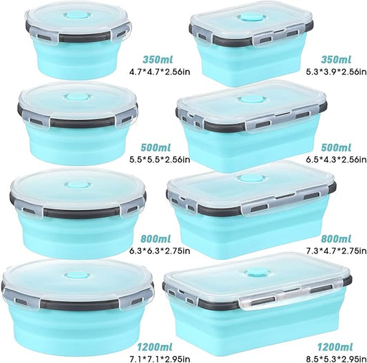 Mimorou 8 Pcs Collapsible Food Storage Containers Foldable Silicone Lunch Containers with Lids 4 Silicone Rectangle Collapsible Bowls and 4 Round Food Bowls Microwave Freezer Dishwasher Safe (Blue)