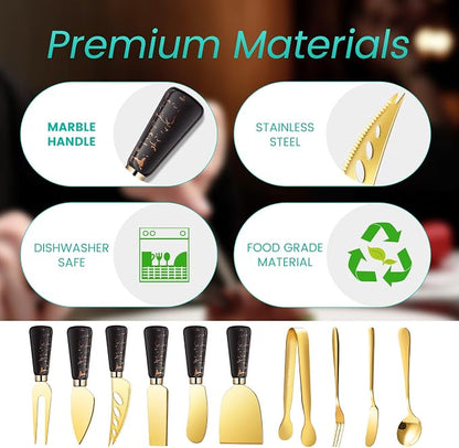 Marble Gold and Black Cheese Knife Set, Ceramic Handle Charcuterie Board Accessories Butter Spreader Cheese Slicer Knife With Serving Tongs, Spoons, Forks, Flags Cheese Markers, Wooden Honey Dipper