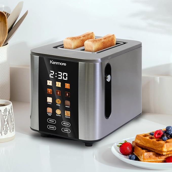 Kenmore 2-Slice Digital Touchscreen Toaster - 900W Stainless Steel, Wide Slots 6 Shade Settings, Bread Presets, Countdown Timer, Reheat & Defrost Functions Compact Countertop Design tostadora digital
