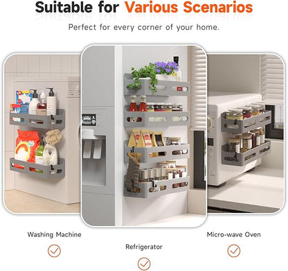 Sevenblue 4 Pack Strong Magnetic Spice Rack for Refrigerator, Multipurpose Magnetic Shelf for Fridge with 4 Hooks for kitchen and Bathroom Organization, Grey