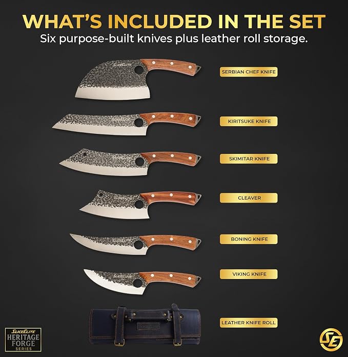 6 Piece Butcher Knife Set Leather Roll Father’s Day Gift For Dad Serbian Chef Viking Cleaver Boning Scimitar Kiritsuke Knives Hammered Pattern Forged Steel Meat Cutting Knives Kitchen Knife BBQ Prep