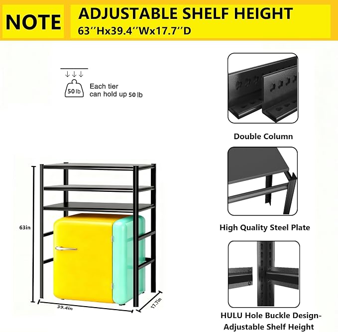 3-Tier Space Saving Refrigerator Shelf Organizer, Adjustable Metal Storage Rack with Double Column, 63" H Mini Fridge & Microwave Stand for Kitchen, Apartment, Black