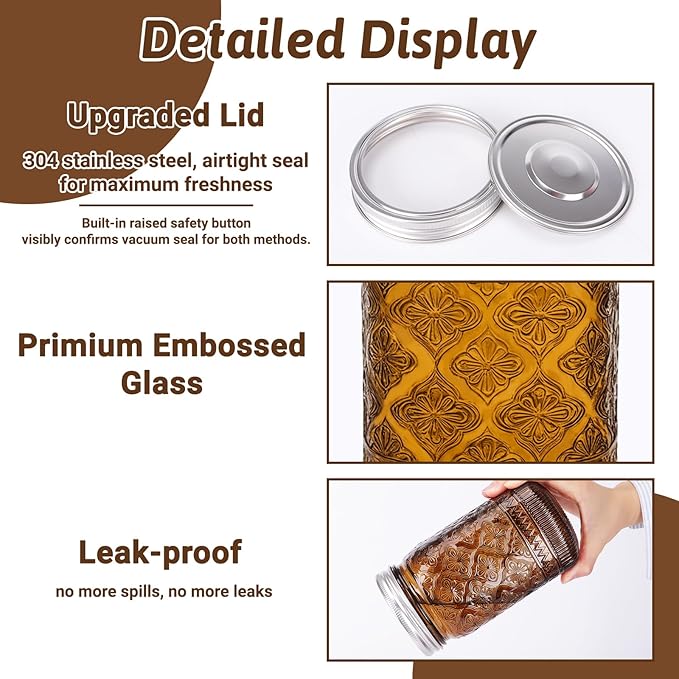 32 oz Amber Mason Jars with Stainless Steel Leakproof Lids, 2 Pack Wide Mouth Colored Glass Jars for DIY Crafts, Wedding Centerpieces, Home Decor, Flower Vase, Bathroom Storage