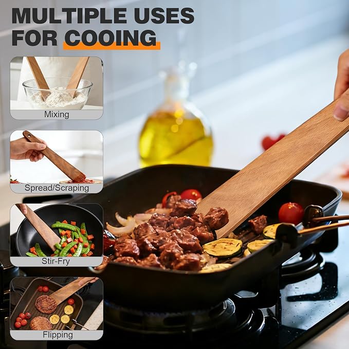 2PCS Teak Wooden Spatula for Cooking, 12 Inch Wood Spatula Turner & Egg Flipper Scraper for Cast Iron, Flat Wood Cooking Utensils, Spatulas Spoons Perfect for White Elephant Gift ideas, Kitchen Gifts