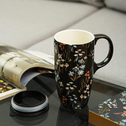Topadorn 17oz Ceramic Travel Mug with Lid and Handle, Black Floral Coffee Cup, Tall Porcelain Mug, Microwave & Dishwasher Safe, Gift Box Included