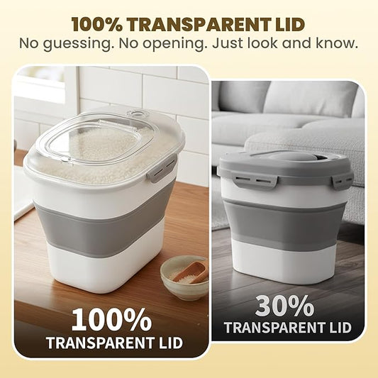 HOYTAMDAR 20-50Lbs Rice Container,Collapsible Food Storage Containers with Airtight Clear Lid,Wheels,Rice Storage Container with Small Bin and Scoop,Rice Dispenser for Dog Cat (Grey2/20-50lbs)
