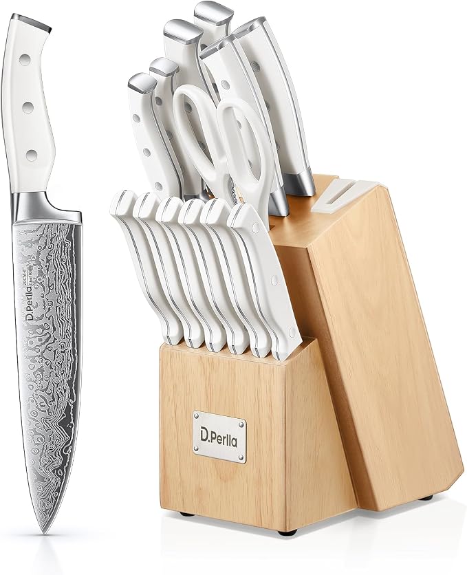 Knife Set, D.Perlla 15 Pieces Kitchen Knife Set with Built-in Sharpener, High Carbon Stainless Steel Kitchen Knife Block Set with Unique Waved Pattern, Non-slip Handle, White