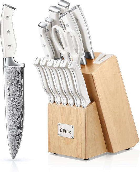 Knife Set, D.Perlla 15 Pieces Kitchen Knife Set with Built-in Sharpener, High Carbon Stainless Steel Kitchen Knife Block Set with Unique Waved Pattern, Non-slip Handle, White