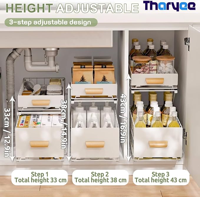 2 Tier Pull Out Pull out Cabinet Organizer with Adjustable Height, Under Sink Organizer, Slide out Pantry Shelves Drawer Storage for Kitchen Organization (White, 2 Tier)