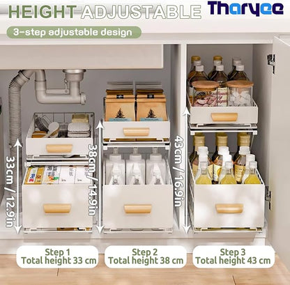2 Tier Pull Out Pull out Cabinet Organizer with Adjustable Height, Under Sink Organizer, Slide out Pantry Shelves Drawer Storage for Kitchen Organization (White, 2 Tier)