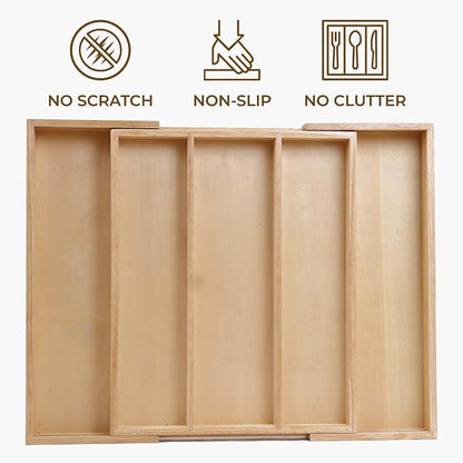 Utensils Organizer Rubberwood, Expandable Silverware Drawer Organizer with 5 Compartments, Wooden Kitchen Storage Tray Holder for Cutlery, Flatware & Utensils