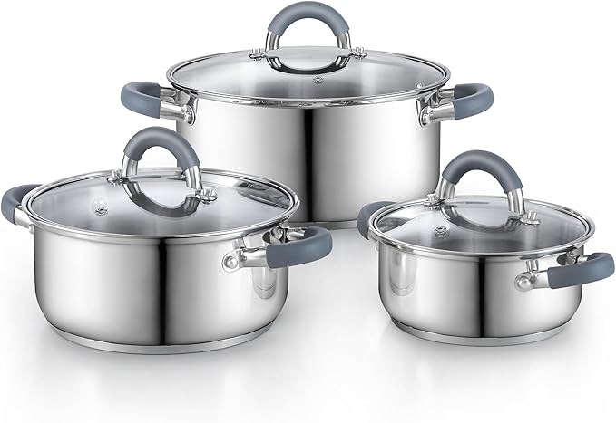 Cook N Home Basics Stainless Steel Cookware Set with Glass Lids, Pots and Pans Set, Stay-Cool Silicone Handles, Induction Compatible, 6-Piece