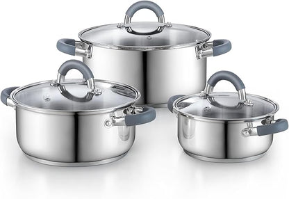 Cook N Home Basics Stainless Steel Cookware Set with Glass Lids, Pots and Pans Set, Stay-Cool Silicone Handles, Induction Compatible, 6-Piece