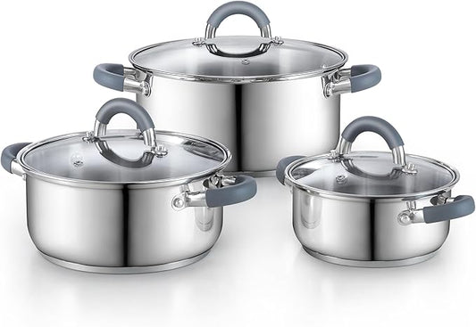 Cook N Home Basics Stainless Steel Cookware Set with Glass Lids, Pots and Pans Set, Stay-Cool Silicone Handles, Induction Compatible, 6-Piece