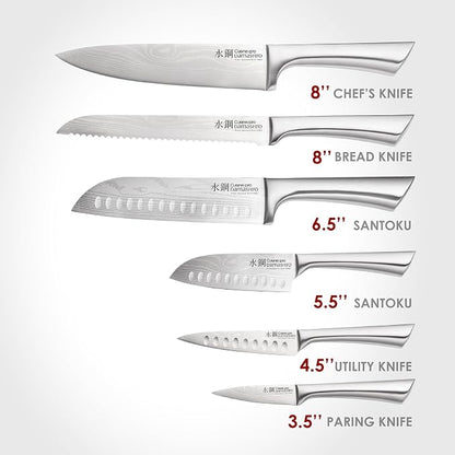 Cuisine::pro Damashiro Knife Block (Kumi, 7-Piece Chef Knife Set) - Japanese Steel Knife - Magnetic Knife Block- Damascus-Inspired Blade Kitchen Knives