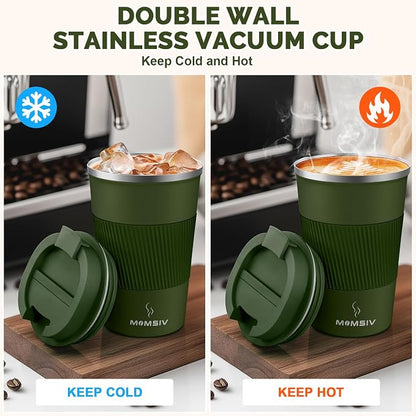MOMSIV 12oz Travel Mug, Insulated Coffee Cup with Leakproof Lid, Vacuum Stainless Steel Double Walled Reusable Tumbler for Hot and Cold Water Coffee and Tea In Travel and Car Armygreen 380ML