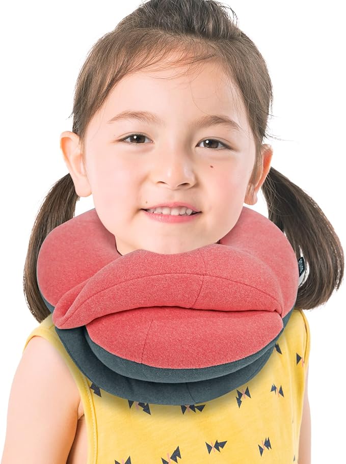 BUYUE Kids Travel Pillows for Airplane, Memory Foam 360° Head Support Sleeping Essentials for Girls Long Flight, Skin-Friendly Soft Neck Pillow for Traveling in Car Seat, (Small, Pink Grey, 40-90 lbs)
