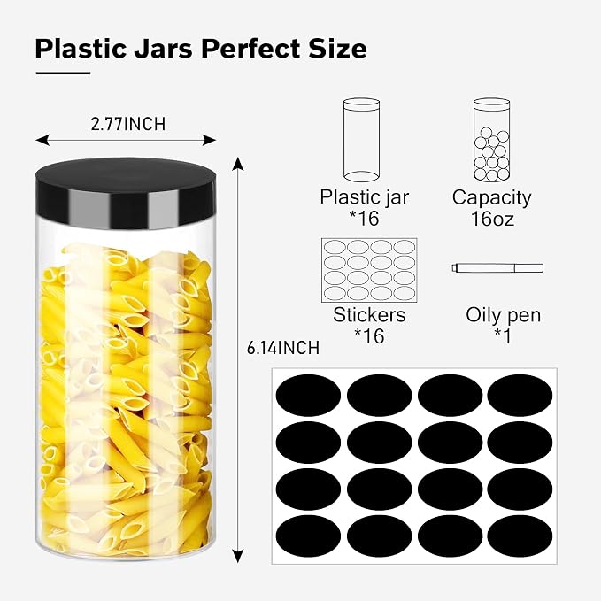 SLifeJars Plastic Jar with Lids 16oz Clear Empty Containers 16Pcs Straight Cylinders Storage Jars with Airtight Black Lid Stackable Refillable Round Plastic Jars for Kitchen Food & Home Storage