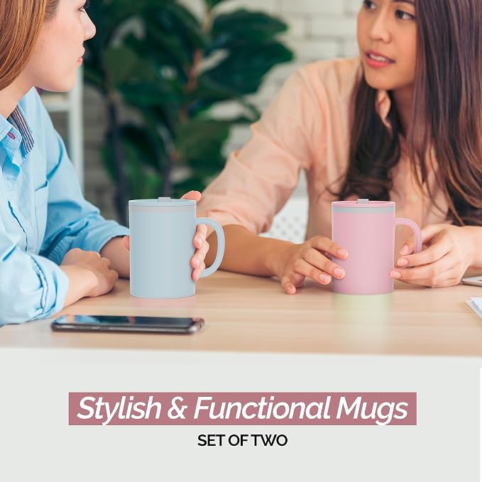 Copco Iconic 16oz Double Wall Insulated Desk Mug with Lid and Handle, Set of 2, BPA-Free Reusable Plastic, Spill-Resistant, Microwave & Dishwasher Safe, Wide Mouth (Light Blue/Pink)