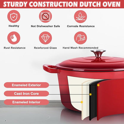 TeamFar 3qt Dutch Oven, Small Enameled Cast Iron Dutch Oven Pot with Lid, For Bread Baking/Stewing/Braising/Frying, Various Stoves & Oven Safe, Non-stick & Easy Clean, Red
