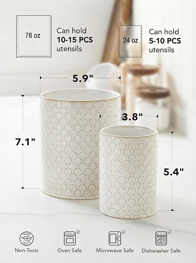 LE TAUCI Kitchen Utensil Holder for Countertop - 7.1"+5.4" Ceramic Utensil Crock Set of 2, Large Cooking Utensil Organizer for Spatula, Spoon, Whisk - Farmhouse Storage, Embossed, Fireworks