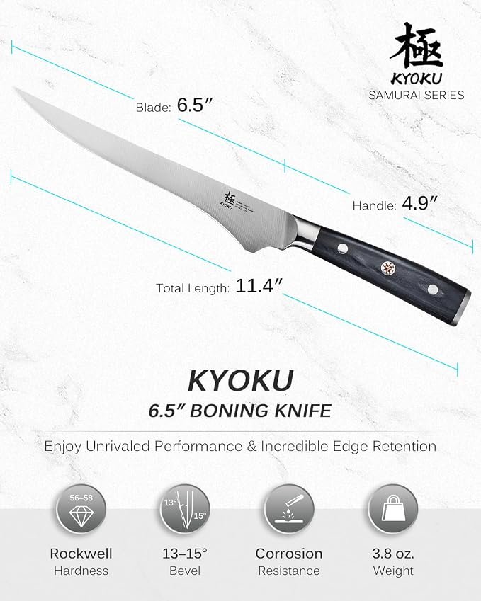 KYOKU 6.5" Boning Knife for Meat Cutting, Samurai Series Filet Knife with Pakkawood Handle, Japanese Style High Carbon Steel, Full Tang Kitchen Knife for Lamb Chop Pork Shoulder with Sheath and Case