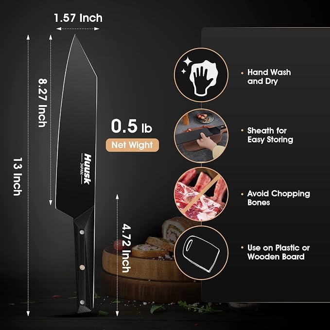 Huusk Chef Knife, Black Kitchen Knives with Sheath, Japanese Knives with Ergonomic Handle, Sharp Cooking Knife, Gifts for Men and Women