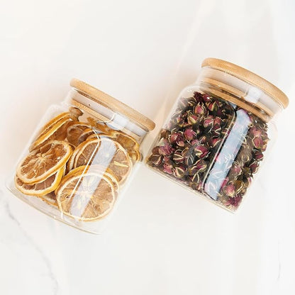 Custde 17 floz Small Glass Storage Containers with Lids,Candy Jar with Lid, Glass Food Storage Containers for Kitchen Counter, Pantry, Decorative Jar for Coffee, Sugar,Tea, Cute Jar(Bamboo 17 FL OZ)