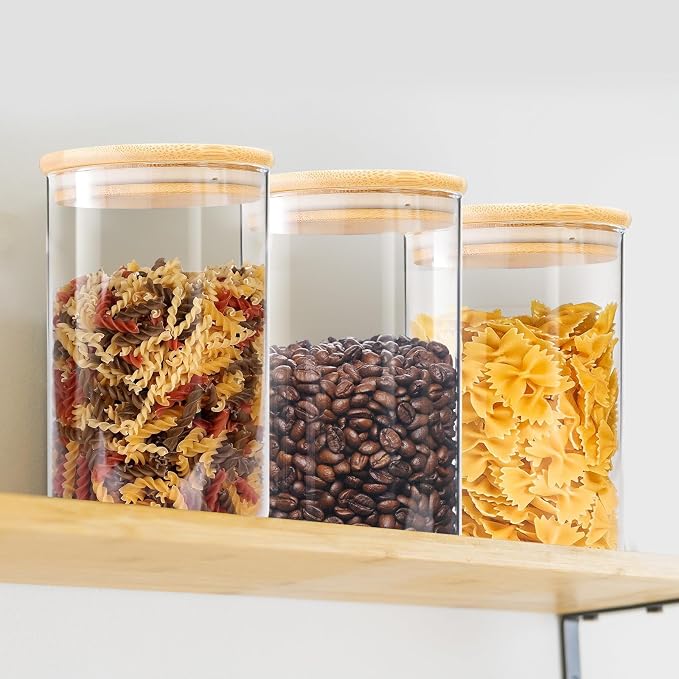 ENLOY Glass Food Storage Jars 32 OZ Set of 3, 3 Pack Airtight Food Storage Jar with Bamboo Lid, Clear Food Canisters for Nuts, Coffee Beans, Sugar, Flour, Snacks, Spice and More (950ml)